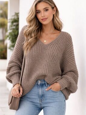 VICI Chunky Knit Sweater Small Taupe Oversized Cozy Slouchy Pullover